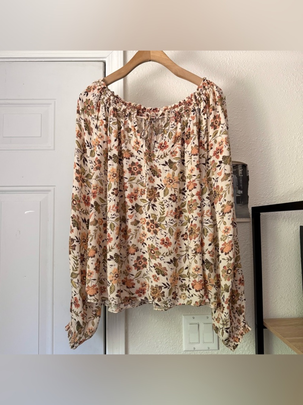 FAHERTY‎ cream off white rust floral gauze viscose off shoulder blouse top